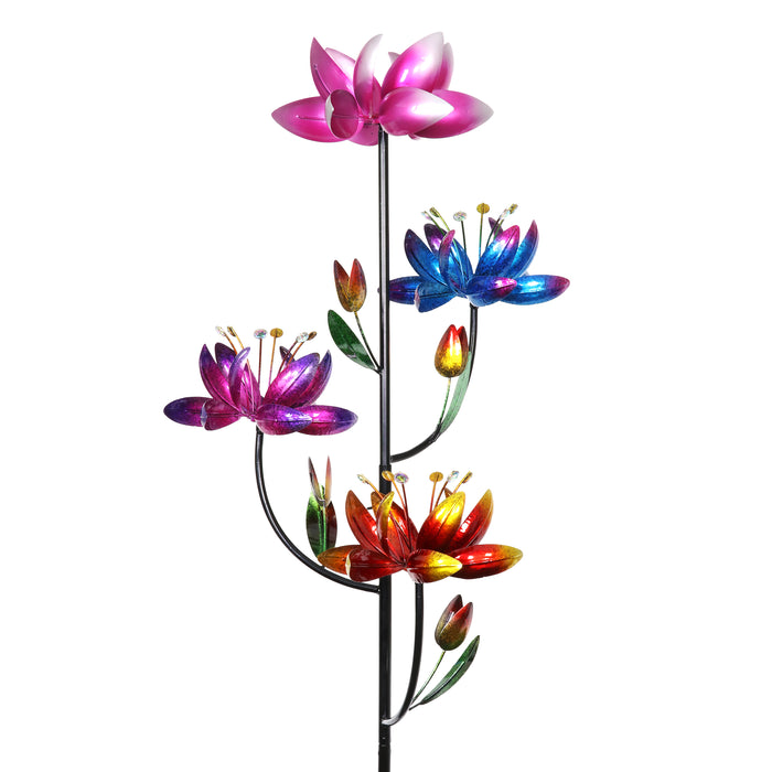 Lotus Flower Wind Spinner Garden Stake with Four Metallic Flowers, 20 by 92 Inches