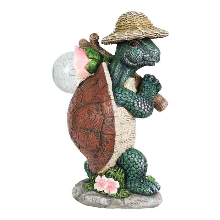 Solar Hiking Turtle with LED Crackle Ball Garden Statue, 6.5 by 12.5 Inches