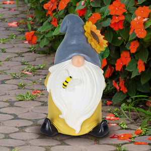 Solar Hand Painted Garden Gnome Statue with Glowing LED Sunflower Hat and Bumblebee, 5.5 by 9 Inches | Exhart