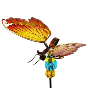 WindyWing Red Butterfly Garden Stake with Beads, Made of glass and metal with Fluttering Wings, 6 by 30 Inches | Exhart
