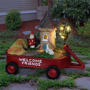 Solar Red Wagon with Mini Garden Statue, 6.5 by 8 Inches
