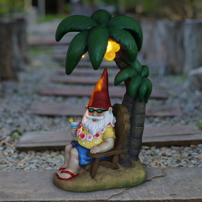 Good Time Solar Tropical Tony Beach Gnome Under a Palm Tree Garden Statue, 16 Inch