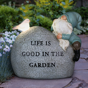 Solar Hand Painted Gnome Inspirational Life Garden Stone Statue with LED Bird, 3 by 5 Inches | Shop Garden Decor by Exhart
