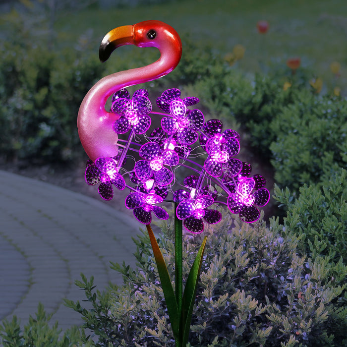 Solar Pink Flamingo with Spinning Flowers Garden Stake, 9 by 33 Inches