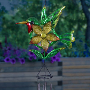 Solar Metal Hummingbird Spinning Pinwheel Wind Chime, 16 by 41 Inches | Shop Garden Decor by Exhart