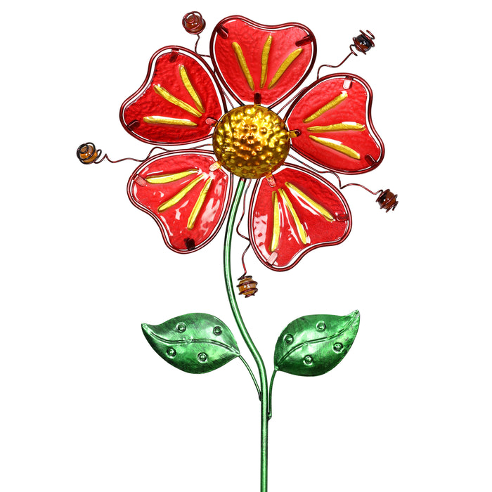 Whimsical Red Flower Garden Stake Made of glass and metal, 11 by 36 Inches