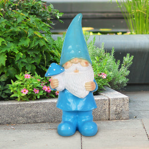 Solar Blue Woodland Garden Gnome with Mushroom Statuary, 11 Inch | Shop Garden Decor by Exhart