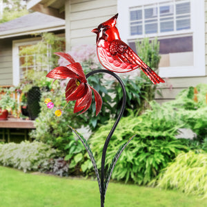 Pink Spinning Flower with Red Cardinal Metal Garden Stake 11.5 by 34 Inches | Shop Garden Decor by Exhart