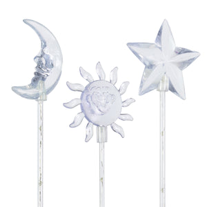 Set of 3 Solar Color Changing Acrylic Garden Stakes with 5 LEDs in Sun, Moon and Star Designs, 4 by 28 Inches | Exhart