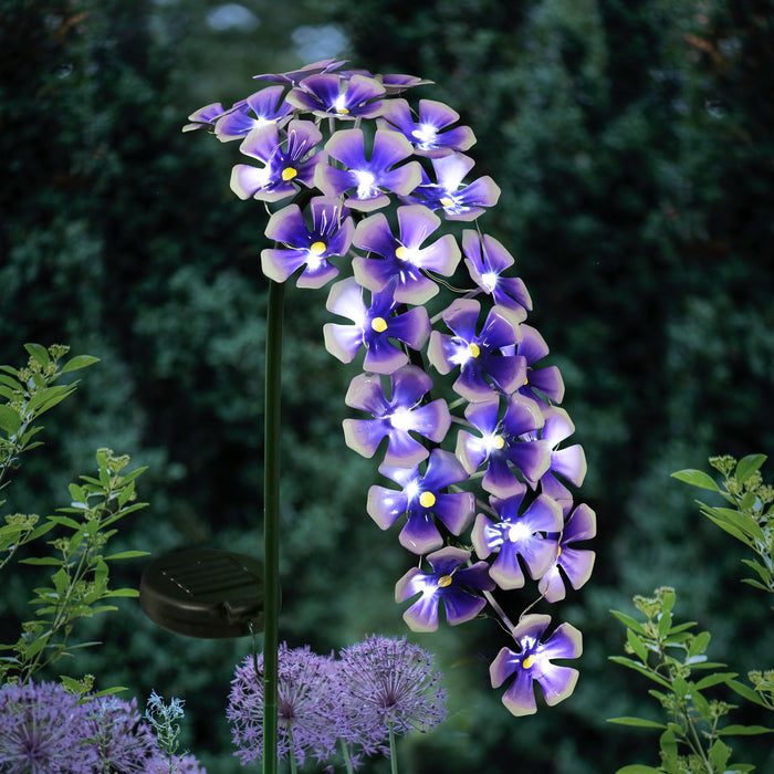 Solar Metal Hanging Flower Garden Stake in Purple with Twenty-Four LED Lights, 11 by 28 Inches