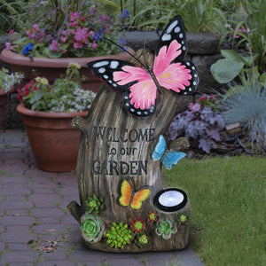 Solar Hand Painted Welcome Tree Stump Statuary with Butterflies and Succulents, 17 Inch | Shop Garden Decor by Exhart
